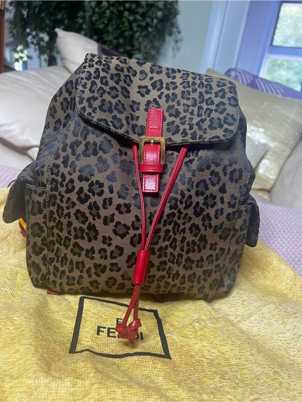 FENDI VINTAGE BACKPACK Rare Brown Leopard Jacquard Canvas with Red Leather Trim